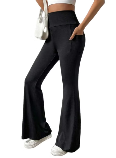 Picture of Ribbed Knit Wide Leg Pants - High Waist Flare Leggings With Pocket - Rib Knit Yoga Pants