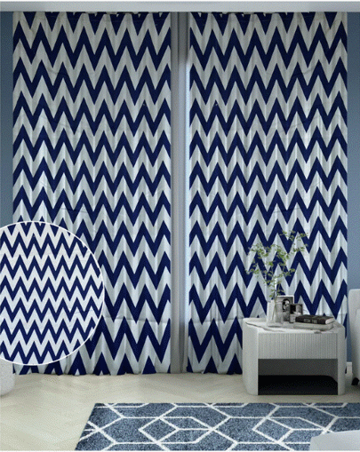 Picture of Modern Printed Velvet Curtain Set, 130x250 cm, 2 Pieces - White Navy