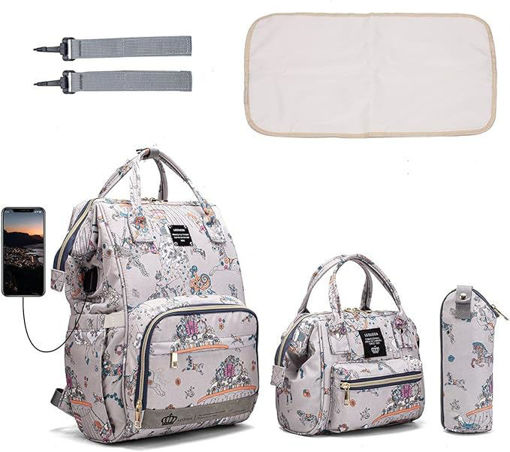 Picture of LEQUEEN 3in1 USB Baby Diaper Backpack with Changing Pad Hook - Grey